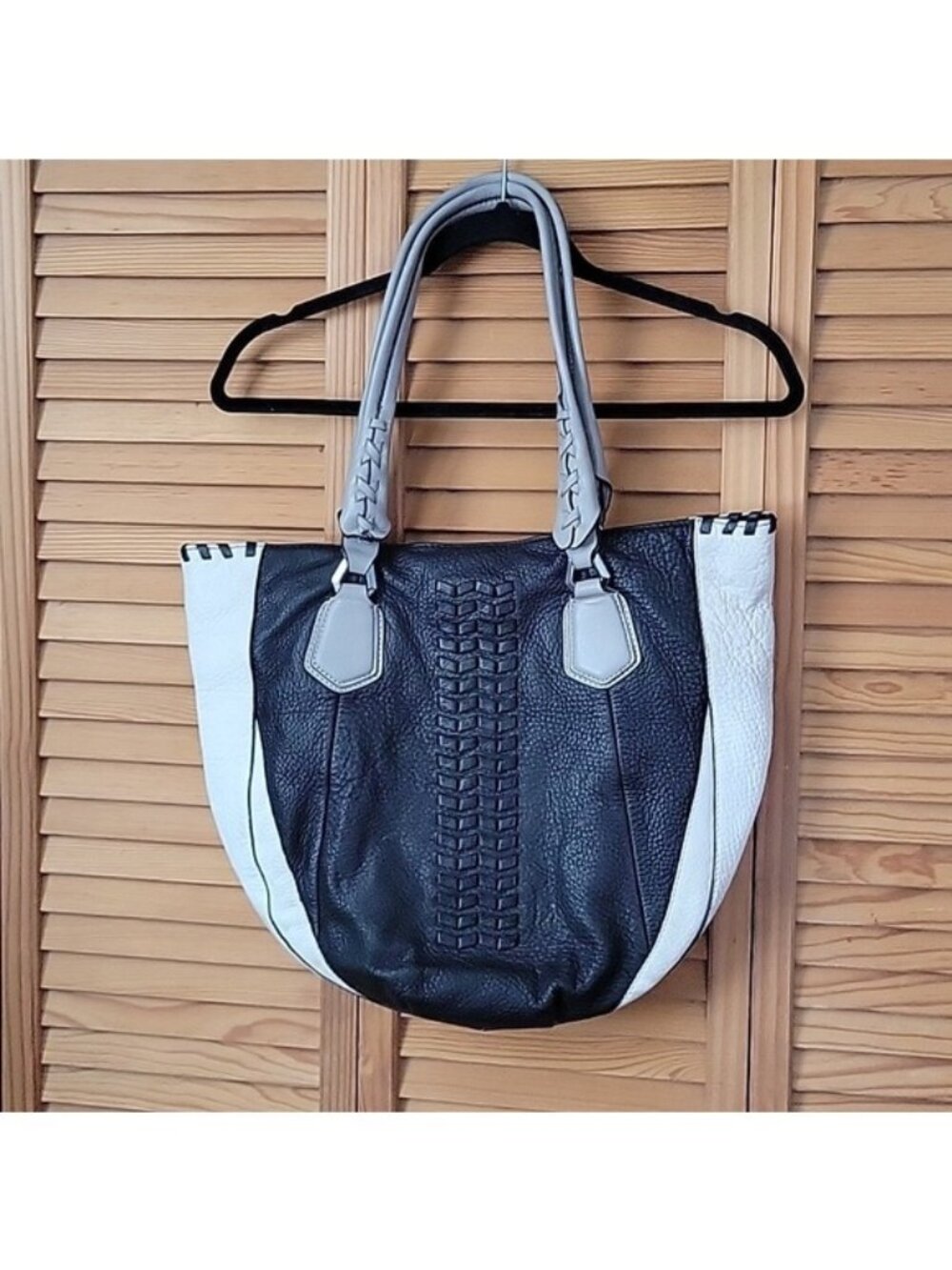 OrYANY Lyssie Black White Grey Braided Leather Baseball Theme Shoulder Tote Bag